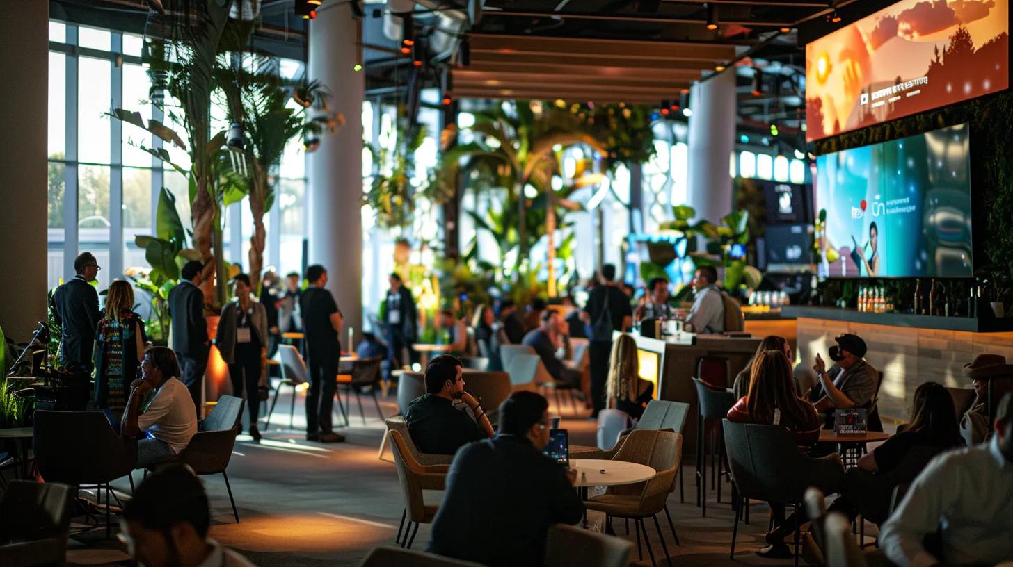 a bustling urban event space, filled with engaged attendees and expertly coordinated staff, showcases the dynamic execution of a lively conference, emphasizing strategic communication and seamless management.