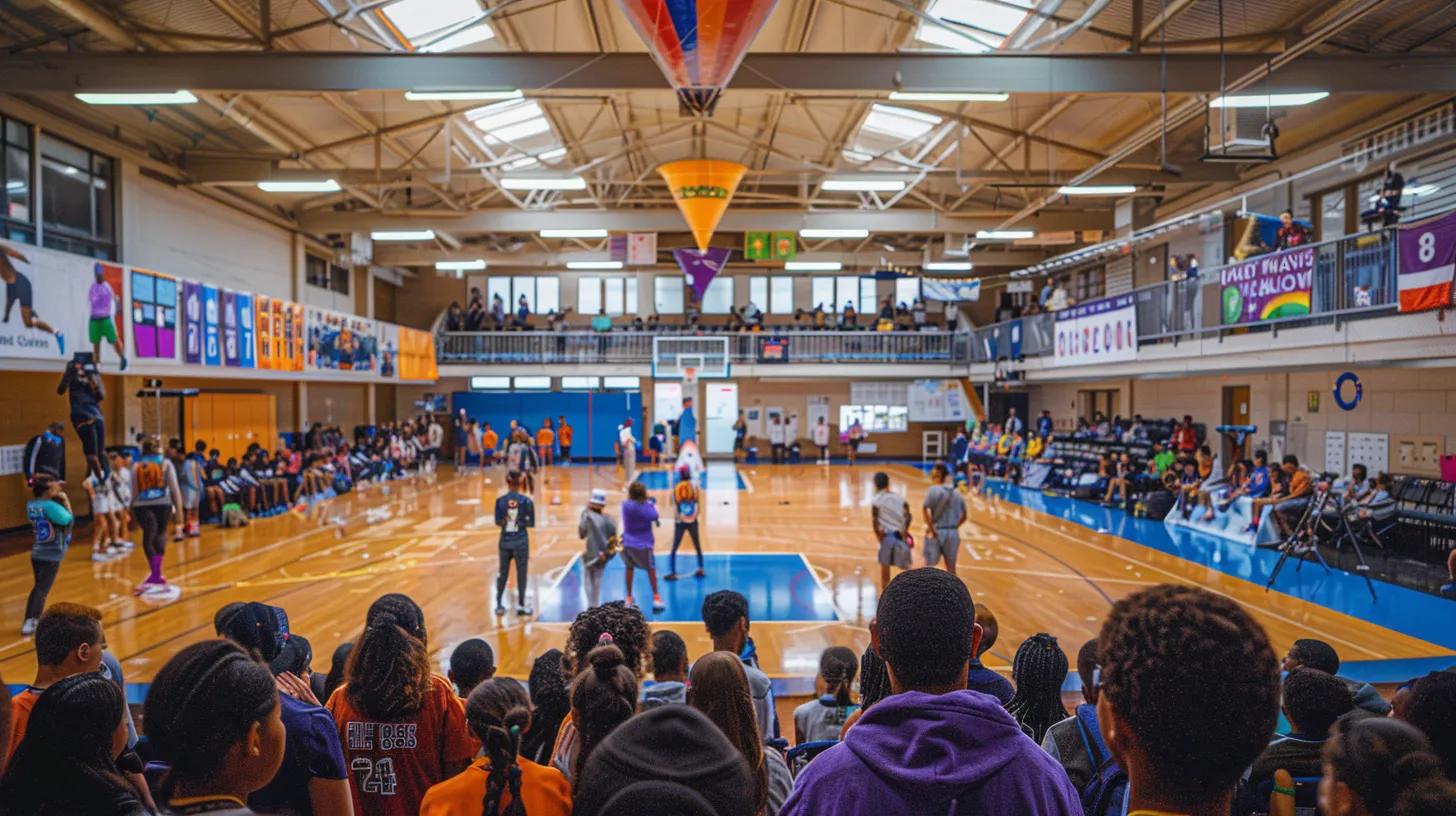 a vibrant school gymnasium filled with enthusiastic students and parents, showcasing colorful banners and athletic displays during a lively sports fundraising event, emphasizing community spirit and collective effort toward financial goals.
