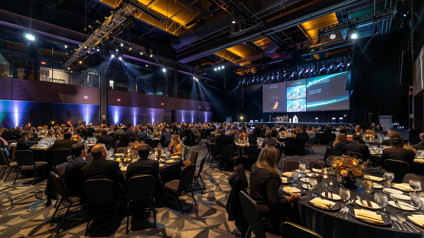 an elegantly designed fundraising gala unfolds in a sophisticated urban venue, featuring vibrant table centerpieces and an engaging stage setup, as a large audience interacts enthusiastically with captivating presentations and visual displays, embodying creativity and connection.